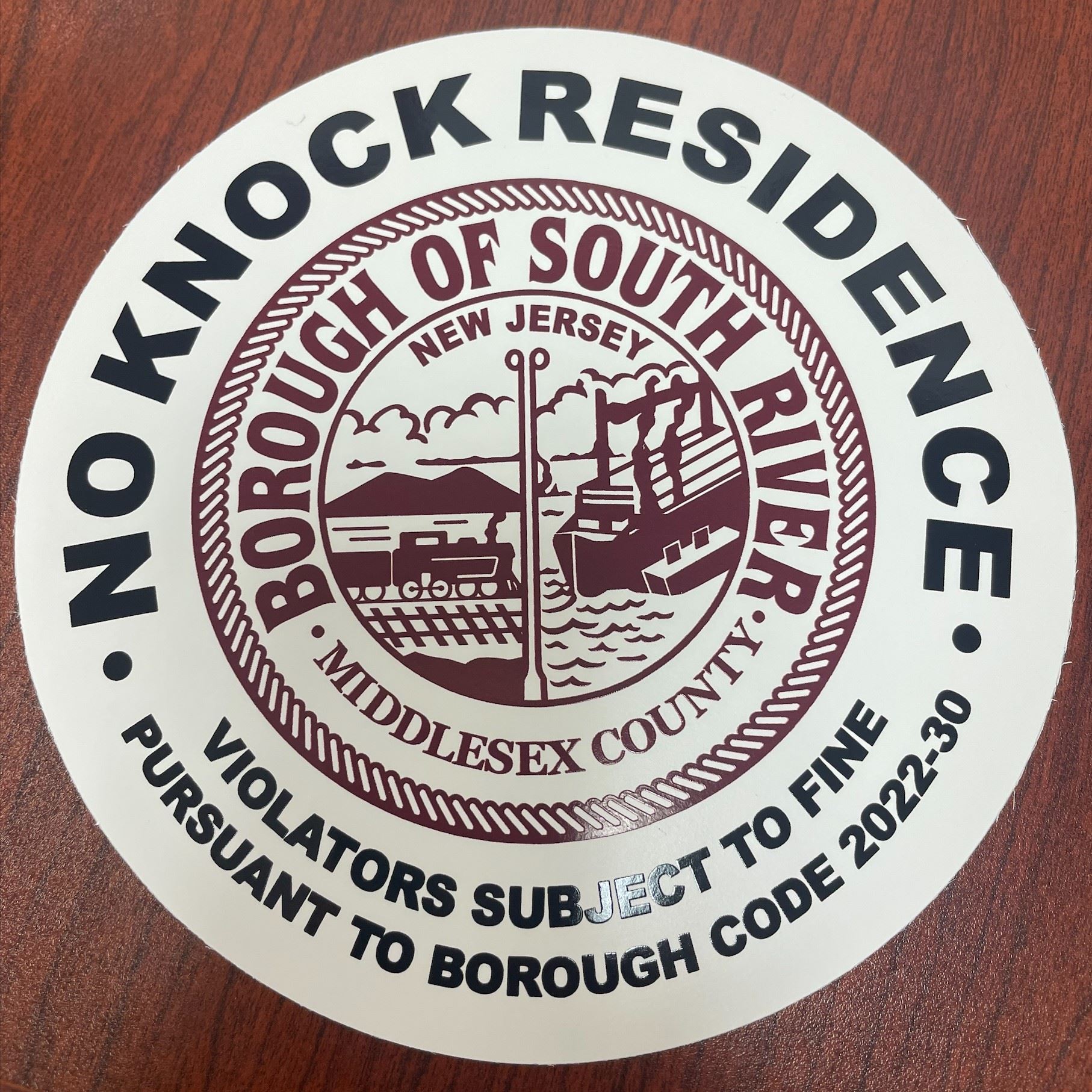 South River Borough seal with No Knock Residence text
